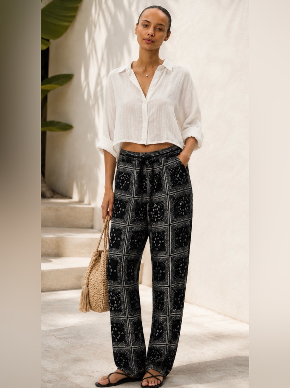 Sofie Schnoor Viscose Black White Patchwork Bandana Print Pull on Pants XS NWT